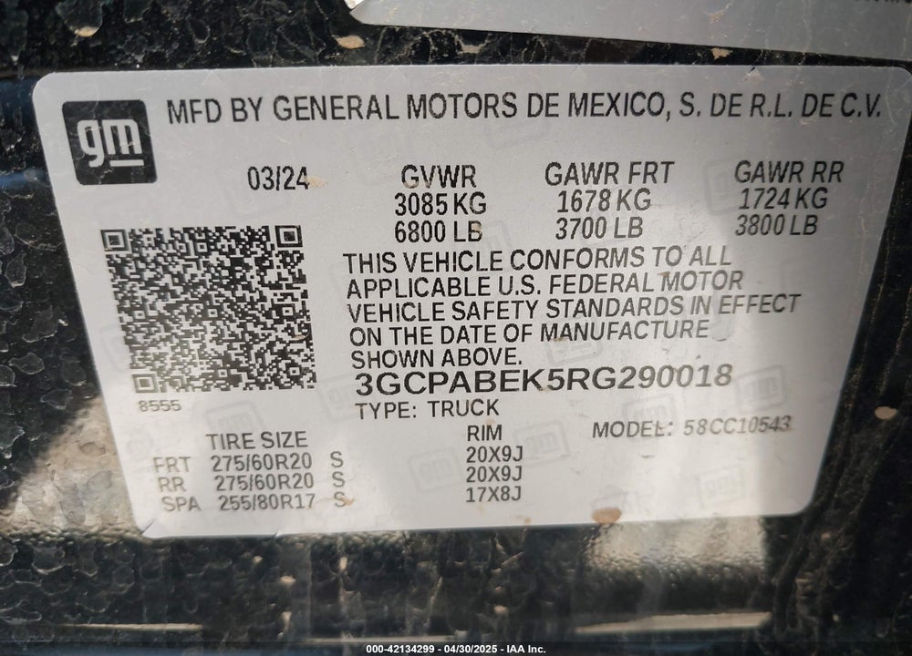 2024 CHEVROLET SILVERADO 1500 2WD SHORT BED CUSTOM VIN: 3GCPABEK5RG290018