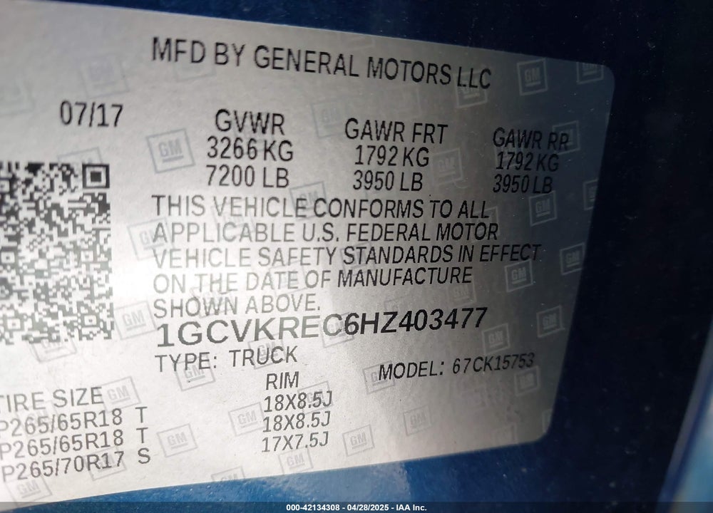 2017 CHEVROLET SILVERADO 1500 VIN: 1GCVKREC6HZ403477