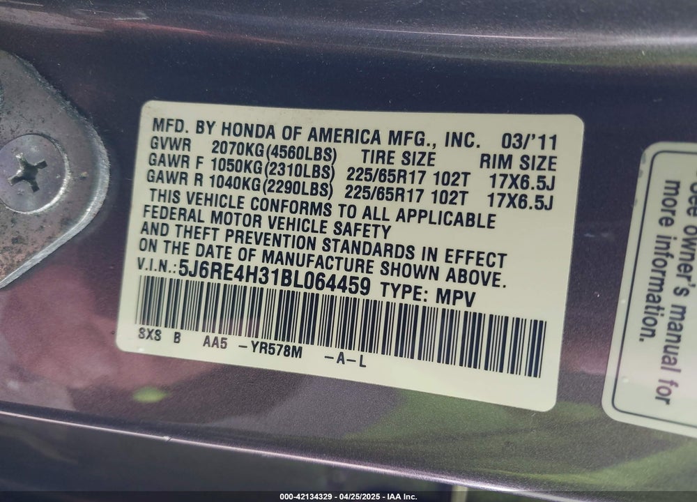 2011 HONDA CR-V VIN: 5J6RE4H31BL064459