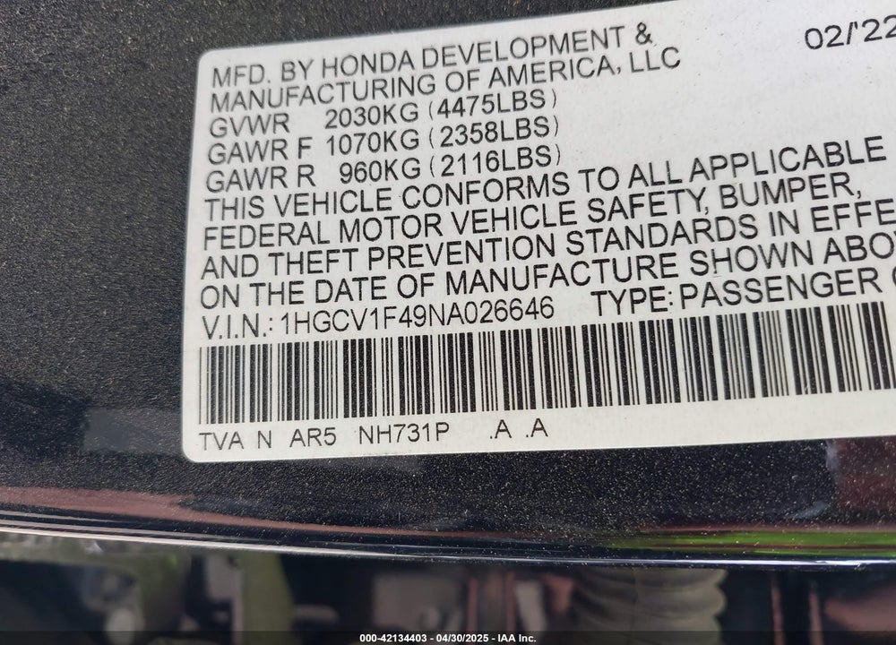 2022 HONDA ACCORD VIN: 1HGCV1F49NA026646