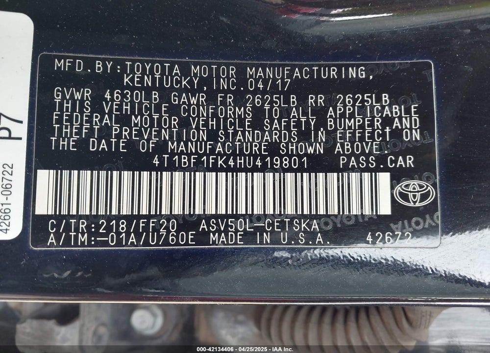 2017 TOYOTA CAMRY VIN: 4T1BF1FK4HU419801