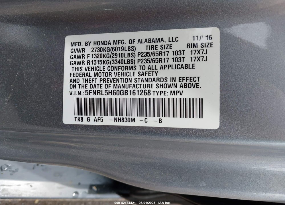2016 HONDA ODYSSEY VIN: 5FNRL5H60GB161268