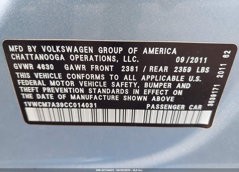 2012 VOLKSWAGEN PASSAT VIN: 1VWCM7A39CC014031