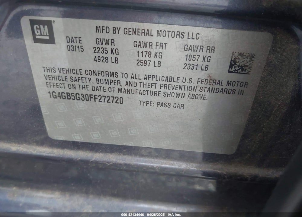 2015 BUICK LACROSSE VIN: 1G4GB5G30FF272720