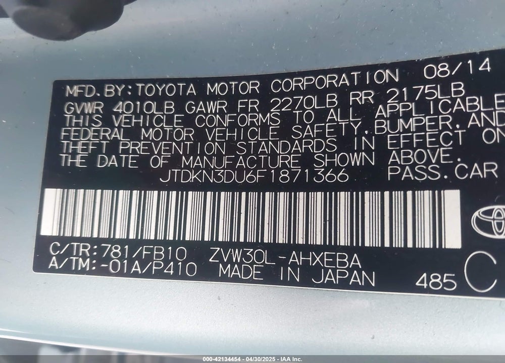 2015 TOYOTA PRIUS VIN: JTDKN3DU6F1871366