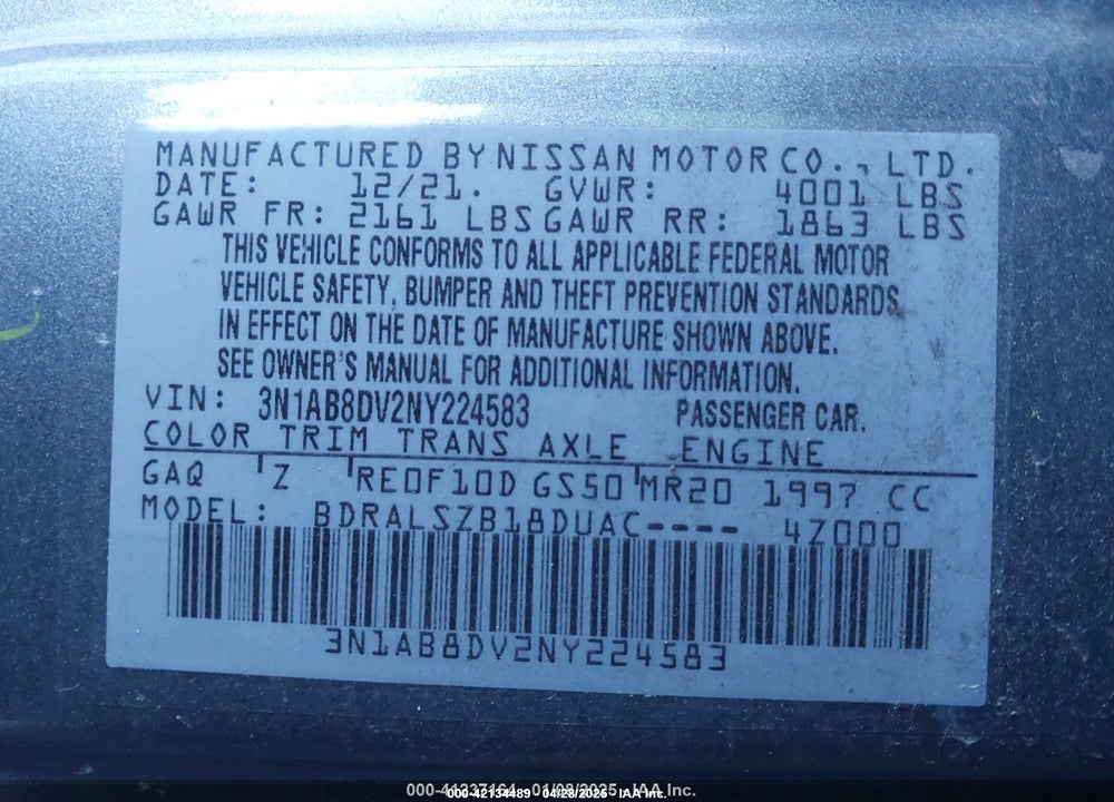 2022 NISSAN SENTRA VIN: 3N1AB8DV2NY224583