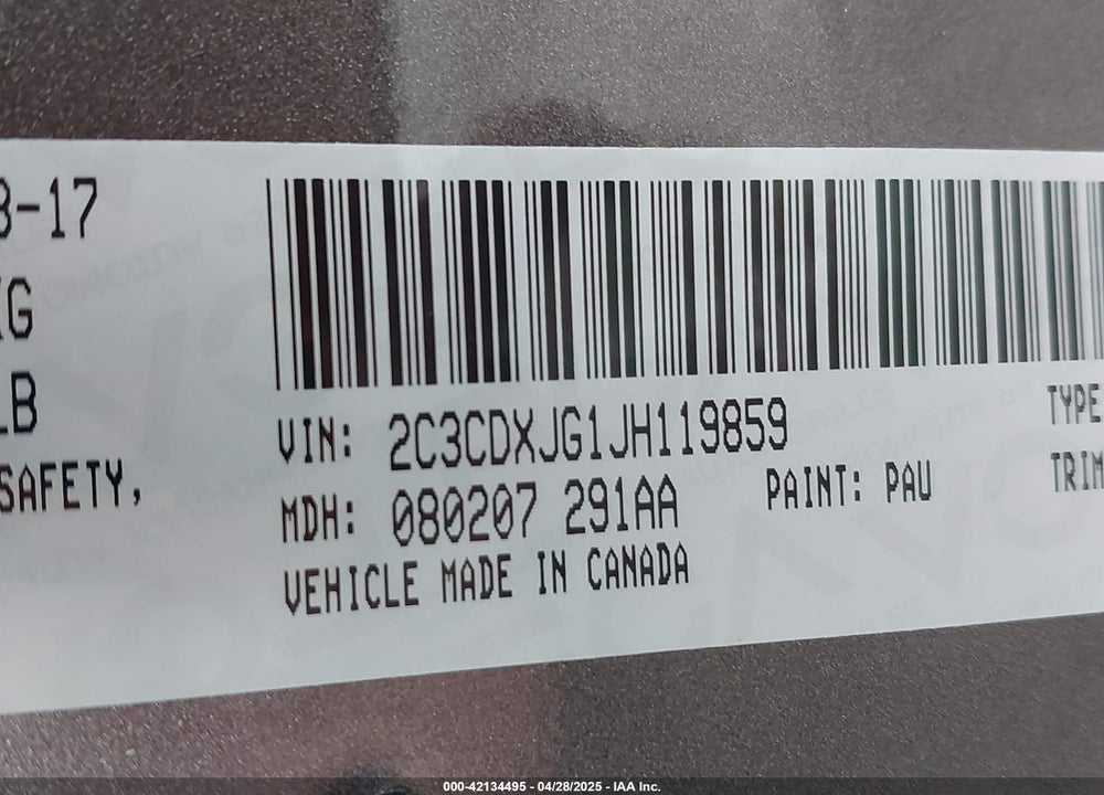 2018 DODGE CHARGER VIN: 2C3CDXJG1JH119859