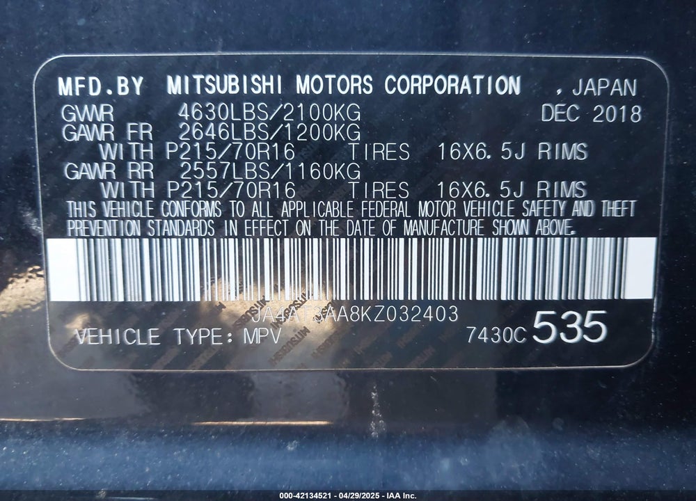 2019 MITSUBISHI ECLIPSE CROSS ES VIN: JA4AT3AA8KZ032403