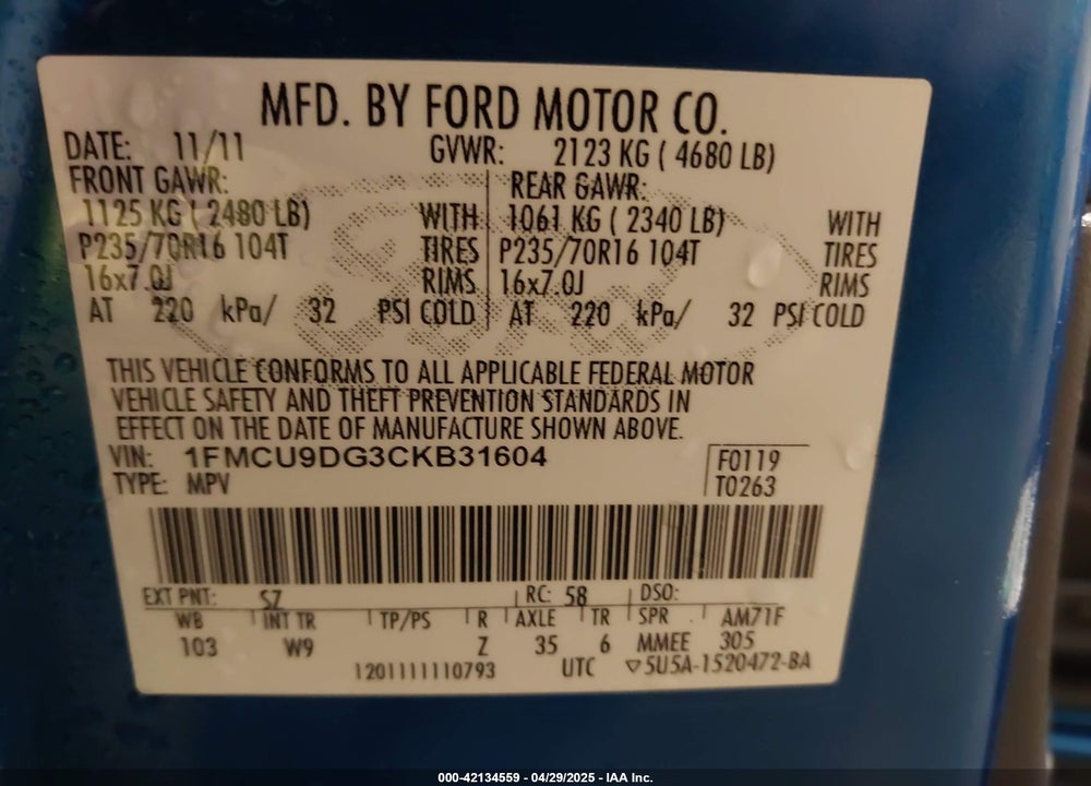 2012 FORD ESCAPE XLT VIN: 1FMCU9DG3CKB31604