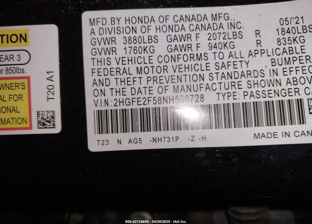 2022 HONDA CIVIC VIN: 2HGFE2F58NH500728