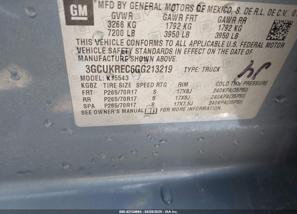 2016 CHEVROLET SILVERADO 1500 VIN: 3GCUKREC6GG213219