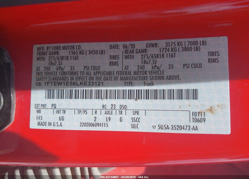 2020 FORD F-150 XLT VIN: 1FTEW1E56LKE33121