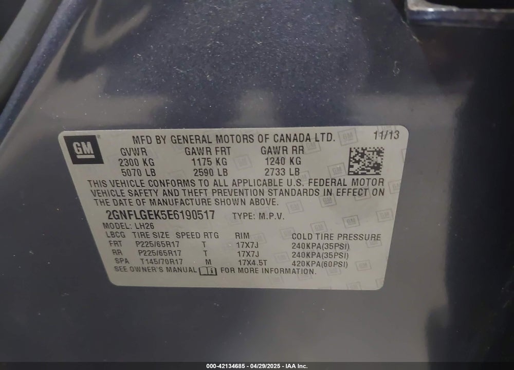2014 CHEVROLET EQUINOX 2LT VIN: 2GNFLGEK5E6190517