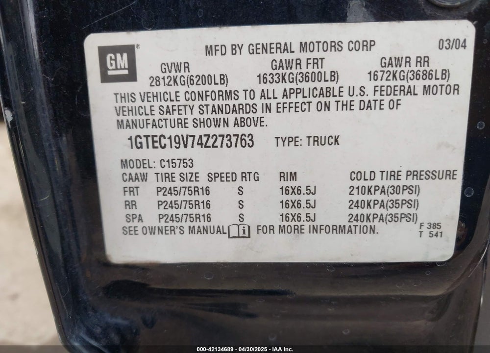 2004 GMC SIERRA 1500 SLE VIN: 1GTEC19V74Z273763