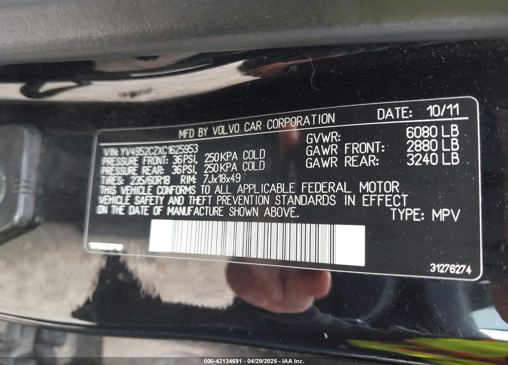 2012 VOLVO XC90 VIN: YV4952CZXC1625953