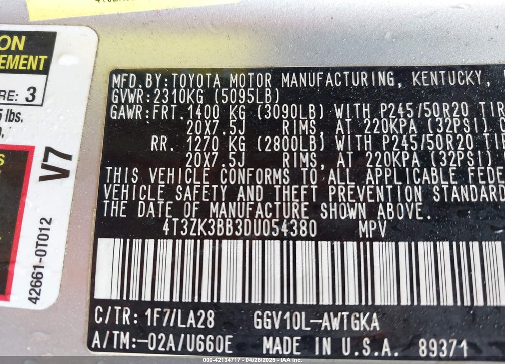 2013 TOYOTA VENZA XLE V6 VIN: 4T3ZK3BB3DU054380