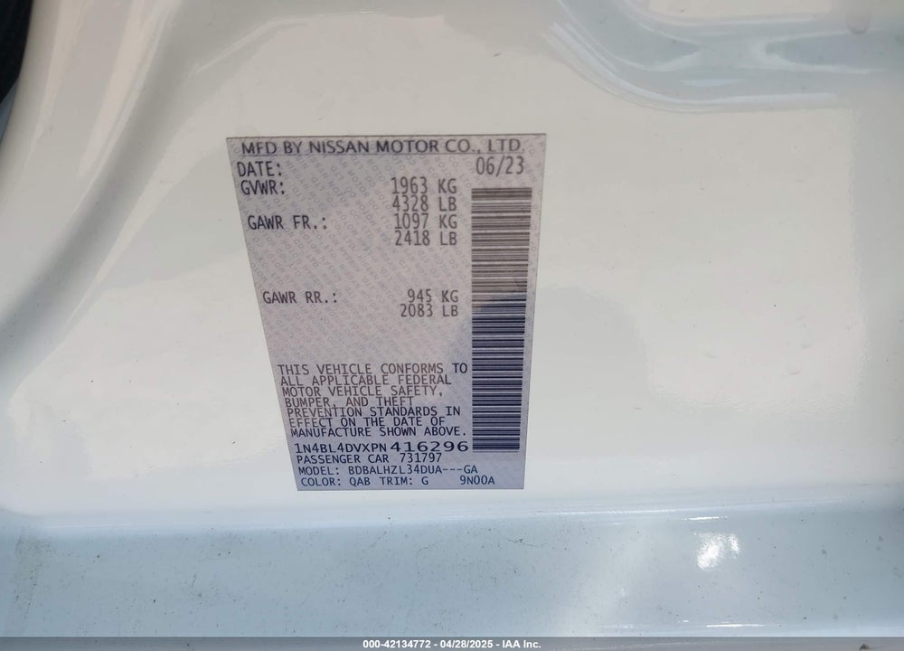 2023 NISSAN ALTIMA VIN: 1N4BL4DVXPN416296