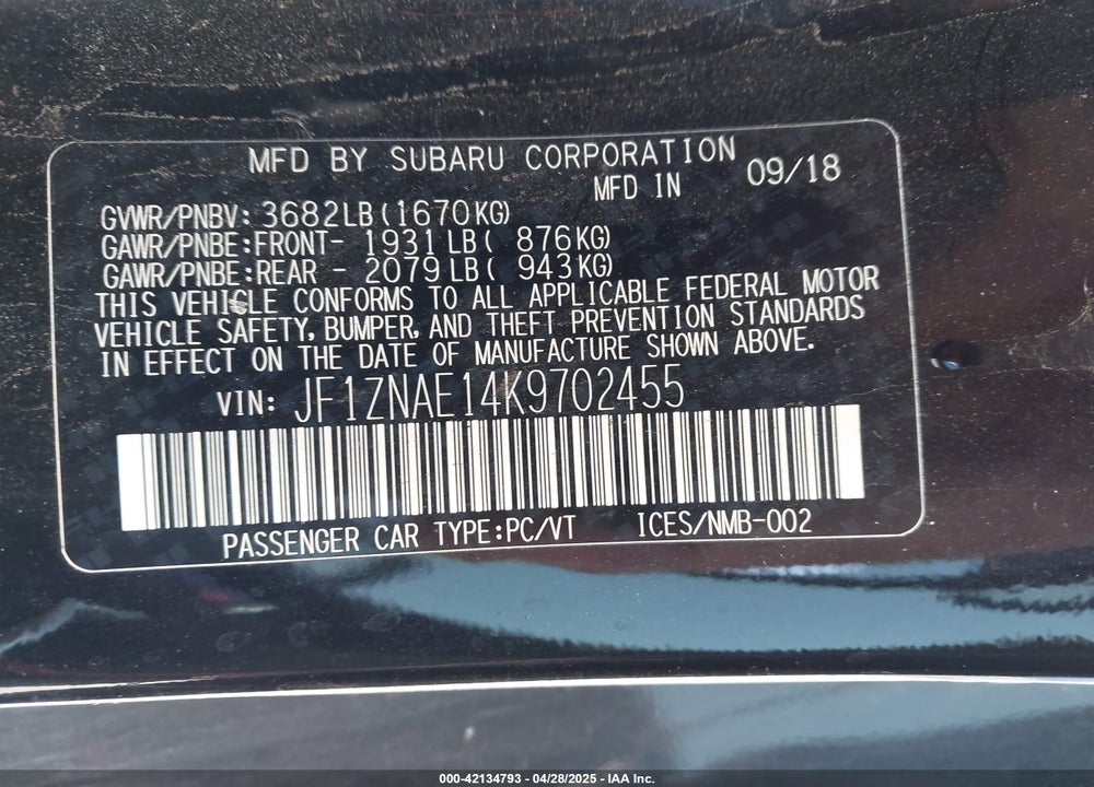 2019 TOYOTA 86 VIN: JF1ZNAE14K9702455