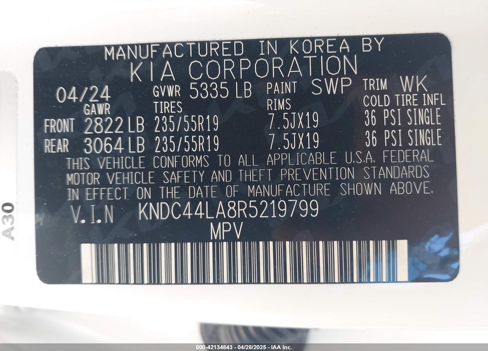2024 KIA EV6 GT LINE VIN: KNDC44LA8R5219799