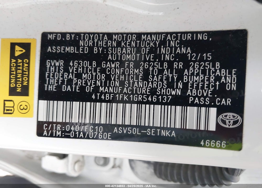 2016 TOYOTA CAMRY VIN: 4T4BF1FK1GR546137