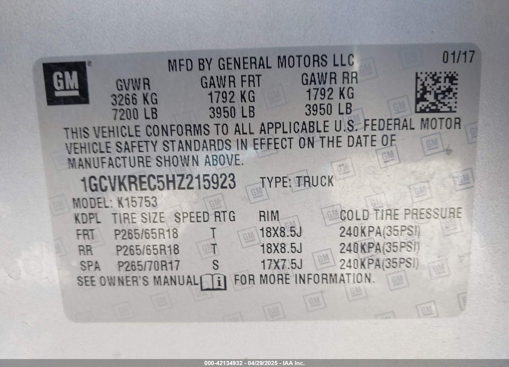 2017 CHEVROLET SILVERADO 1500 VIN: 1GCVKREC5HZ215923