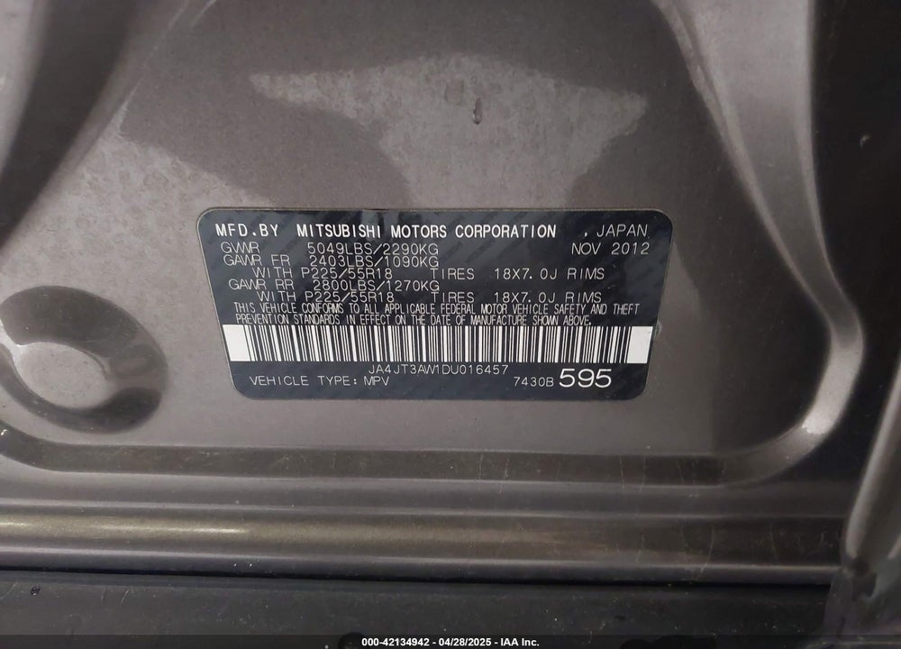 2013 MITSUBISHI OUTLANDER VIN: JA4JT3AW1DU016457