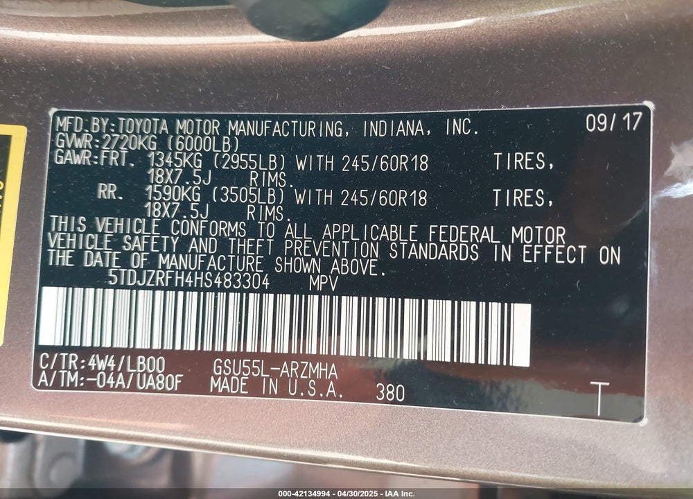 2017 TOYOTA HIGHLANDER VIN: 5TDJZRFH4HS483304