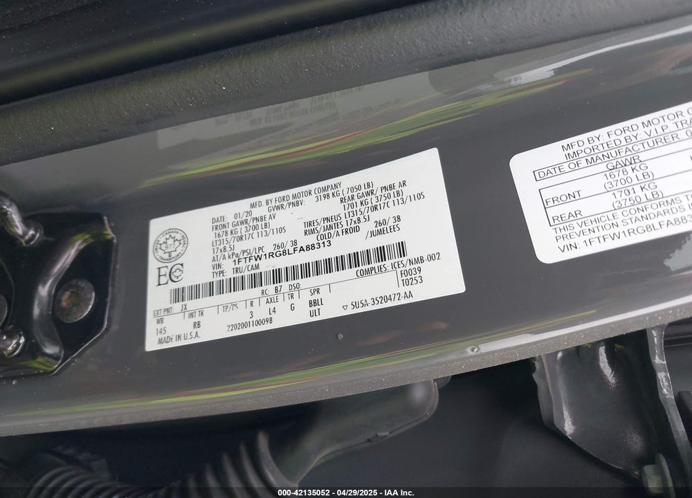 2020 FORD F-150 VIN: 1FTFW1RG8LFA88313