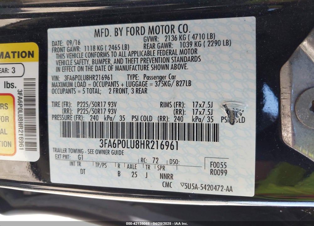 2017 FORD FUSION HYBRID SE VIN: 3FA6P0LU8HR216961