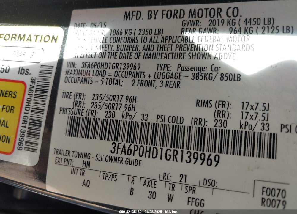 2016 FORD FUSION VIN: 3FA6P0HD1GR139969