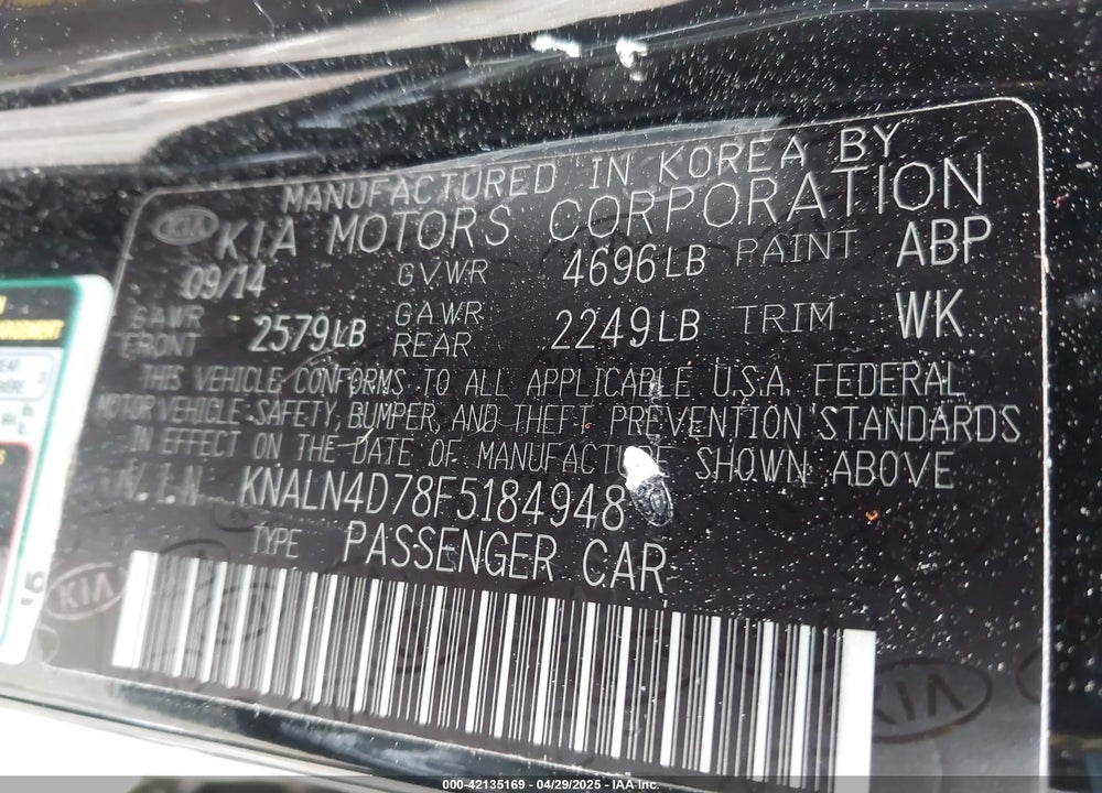 2015 KIA CADENZA VIN: KNALN4D78F5184948