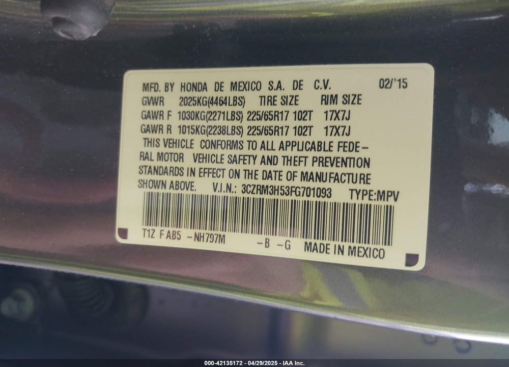 2015 HONDA CR-V EX VIN: 3CZRM3H53FG701093