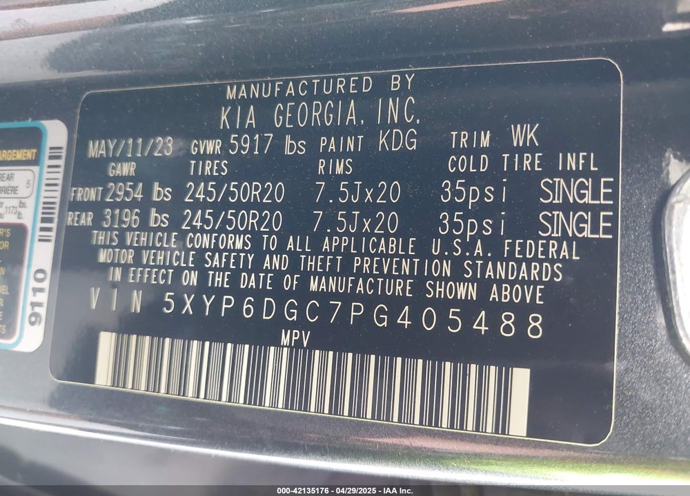 2023 KIA TELLURIDE VIN: 5XYP6DGC7PG405488
