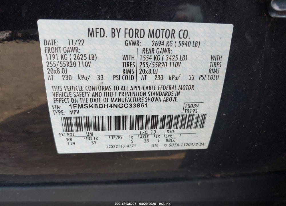 2022 FORD EXPLORER VIN: 1FMSK8DH4NGC33861
