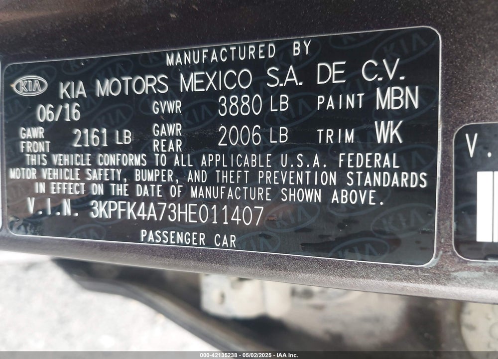 2017 KIA FORTE LX VIN: 3KPFK4A73HE011407