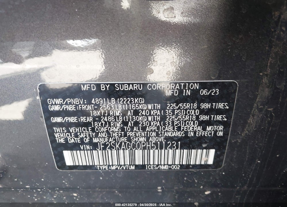 2023 SUBARU FORESTER VIN: JF2SKAGC0PH511231