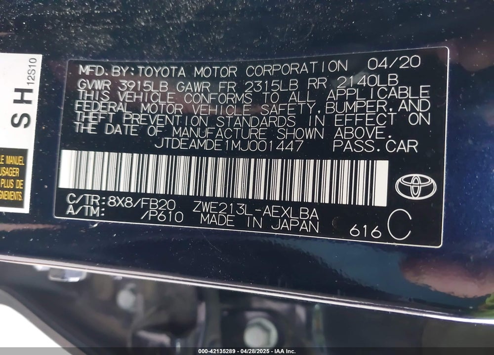 2021 TOYOTA COROLLA HYBRID LE VIN: JTDEAMDE1MJ001447