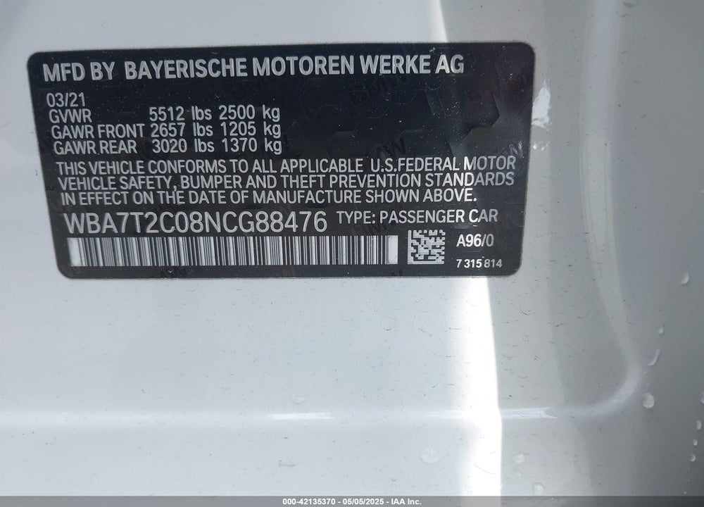 2022 BMW 740 I VIN: WBA7T2C08NCG88476