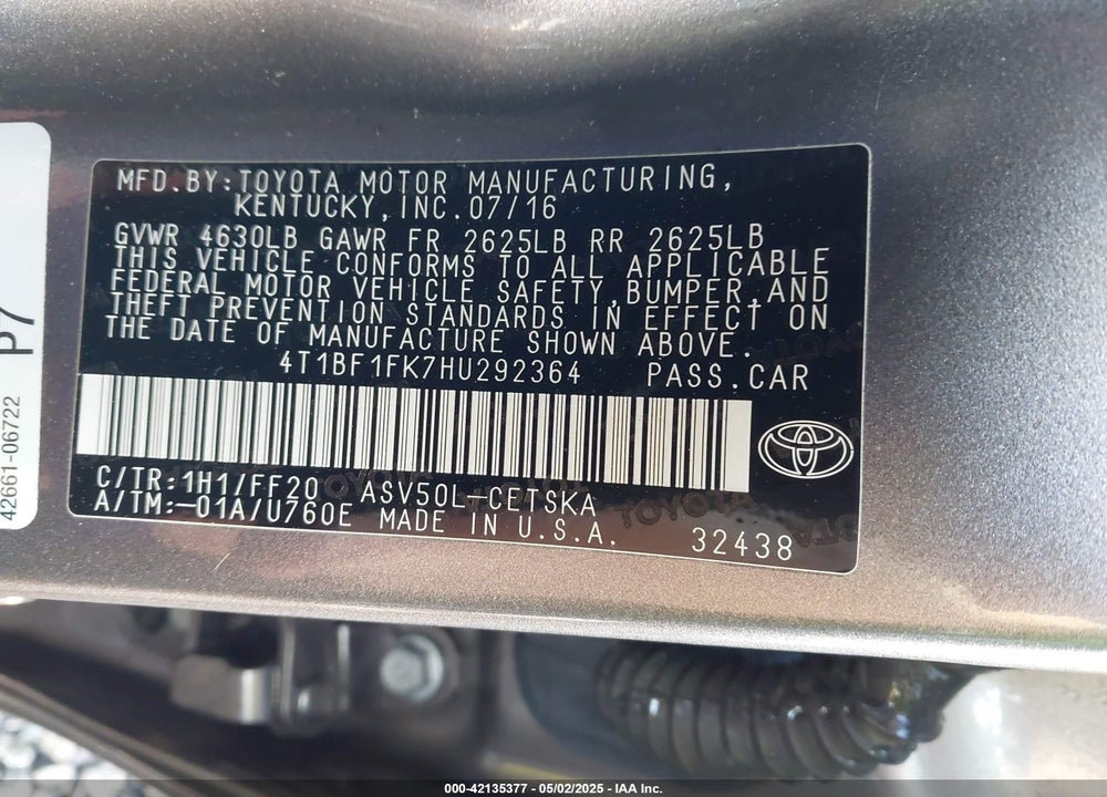 2017 TOYOTA CAMRY SE VIN: 4T1BF1FK7HU292364