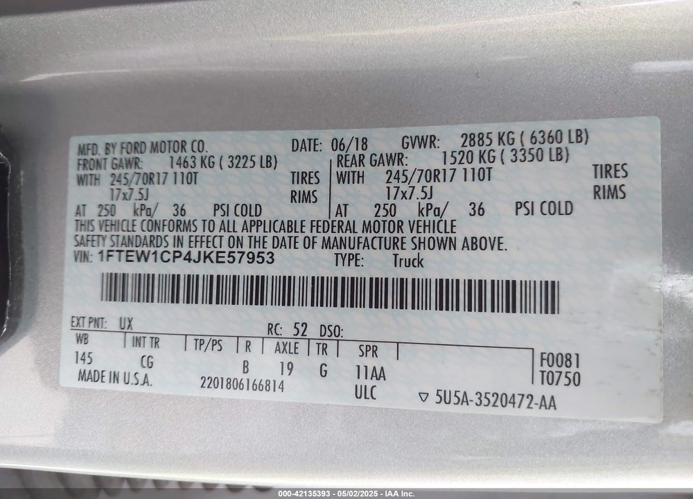 2018 FORD F-150 XL VIN: 1FTEW1CP4JKE57953