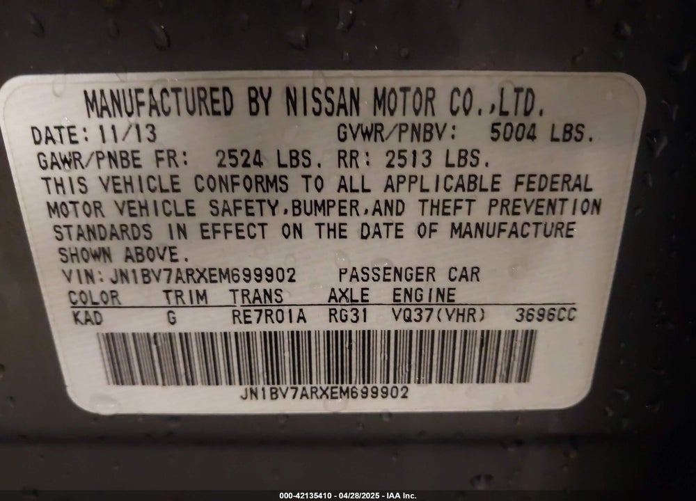 2014 INFINITI Q50 VIN: JN1BV7ARXEM699902