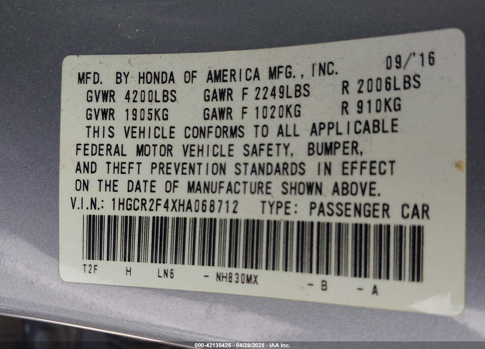 2017 HONDA ACCORD LX VIN: 1HGCR2F4XHA068712