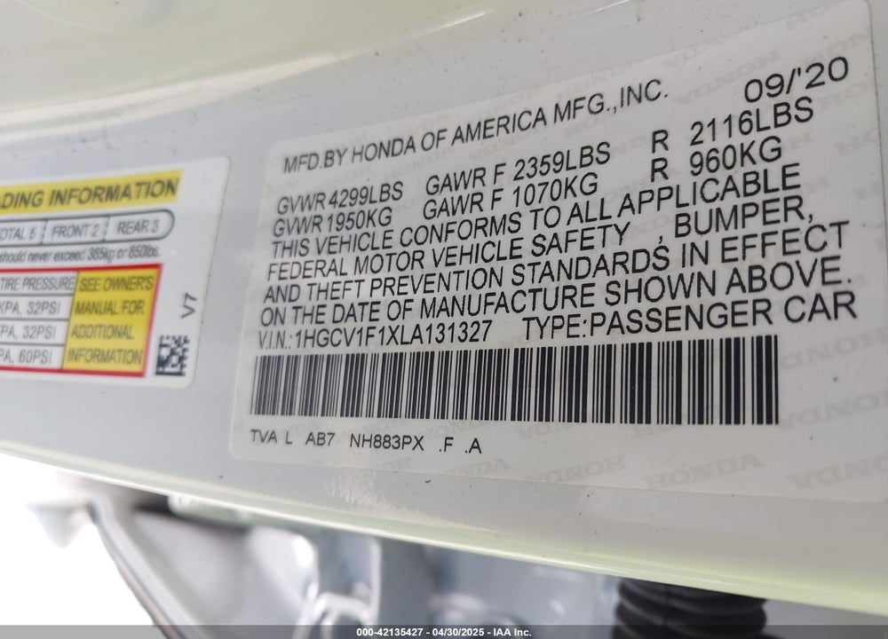 2020 HONDA ACCORD VIN: 1HGCV1F1XLA131327