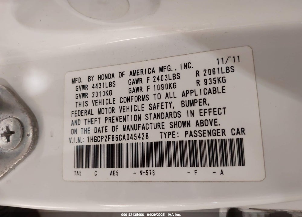 2012 HONDA ACCORD VIN: 1HGCP2F86CA045428