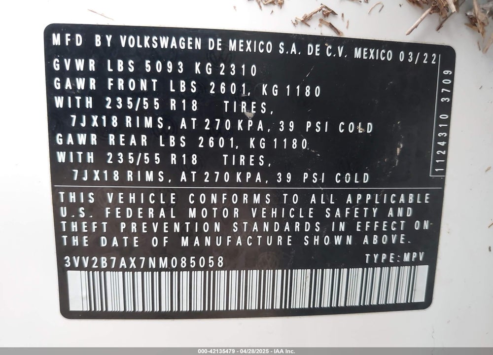 2022 VOLKSWAGEN TIGUAN 2.0T SE VIN: 3VV2B7AX7NM085058