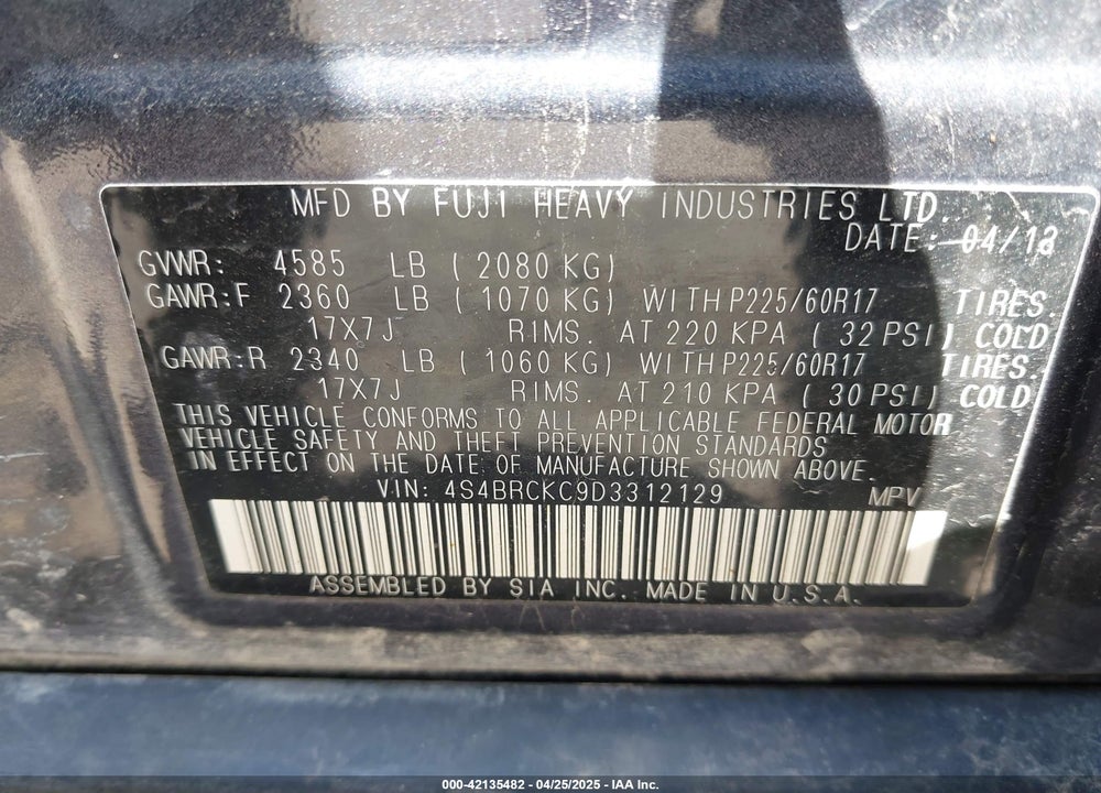2013 SUBARU OUTBACK VIN: 4S4BRCKC9D3312129