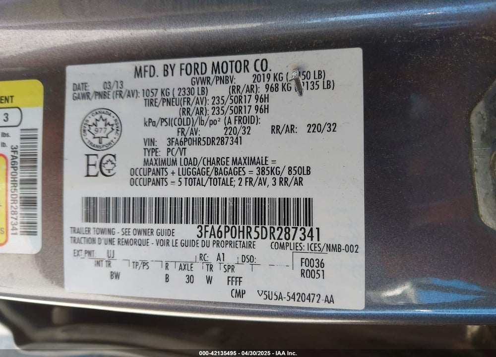 2013 FORD FUSION VIN: 3FA6P0HR5DR287341
