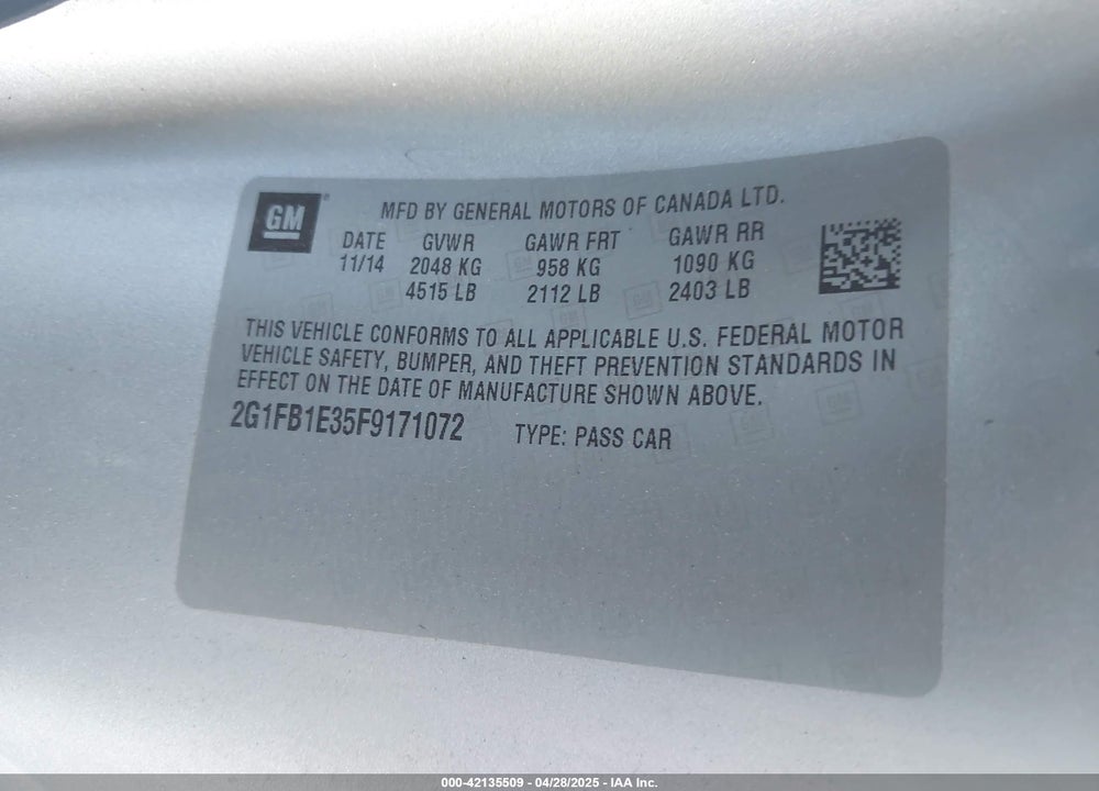 2015 CHEVROLET CAMARO VIN: 2G1FB1E35F9171072
