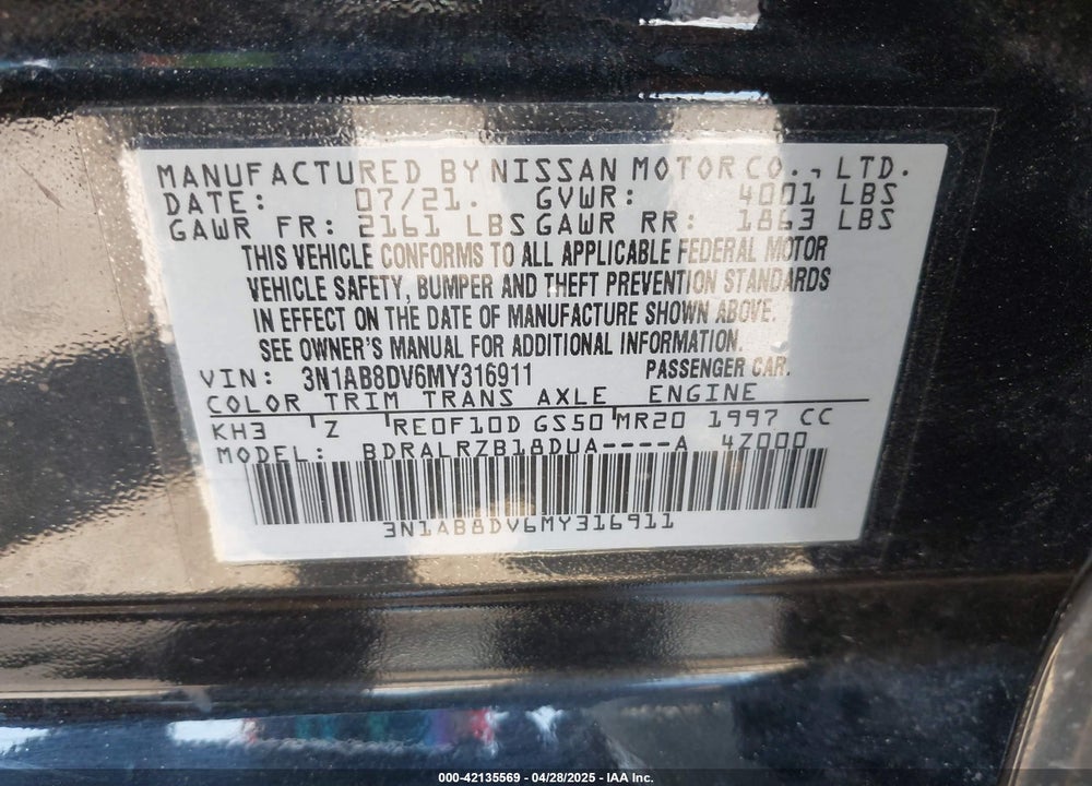 2021 NISSAN SENTRA VIN: 3N1AB8DV6MY316911