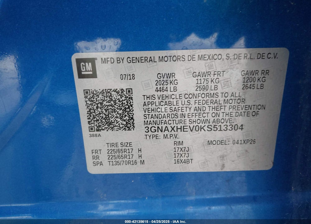 2019 CHEVROLET EQUINOX LS VIN: 3GNAXHEV0KS513304